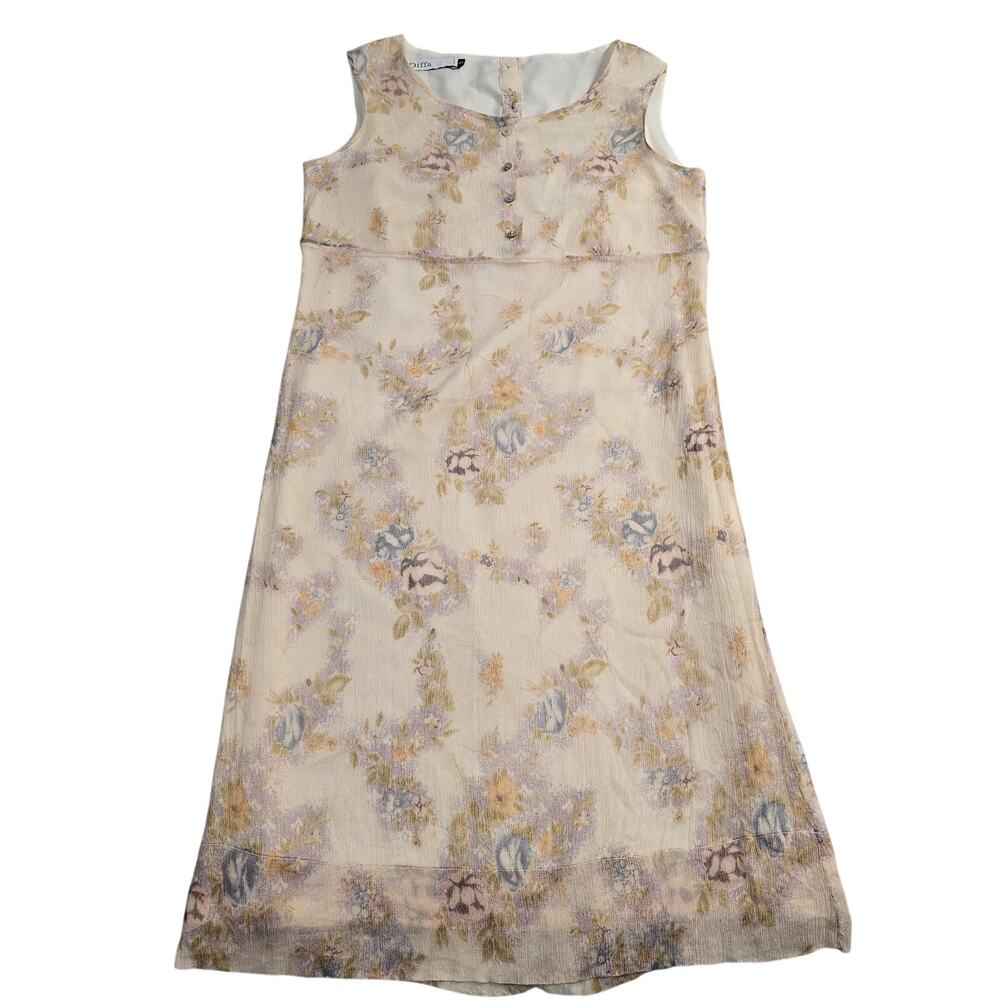 Italian 100% Silk Floral Sleeveless Shift Dress Cream Sz S Prairie Minimalist